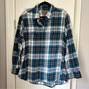 Outdoor Life, blue brown flannel plaid button down shirt, men’s size XL